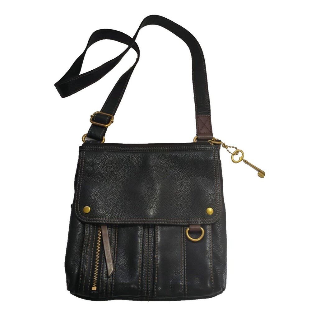 Fossil Morgan Traveler Black Leather Crossbody Messenger Shoulder Bag with Key